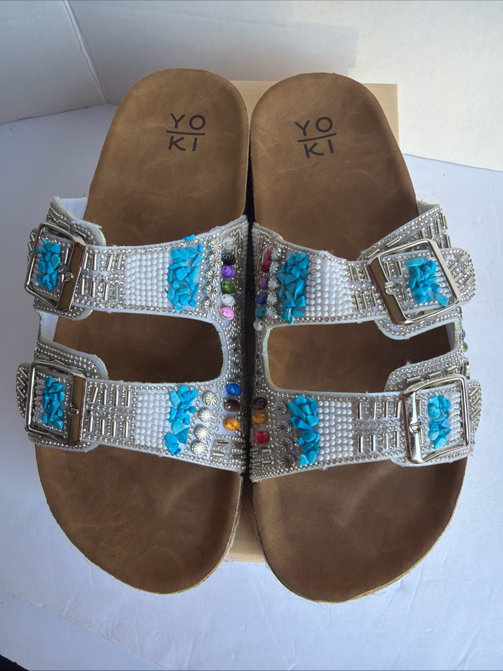 Yoki White Beaded Slide Sandals with Turquoise and Multicolor Gems